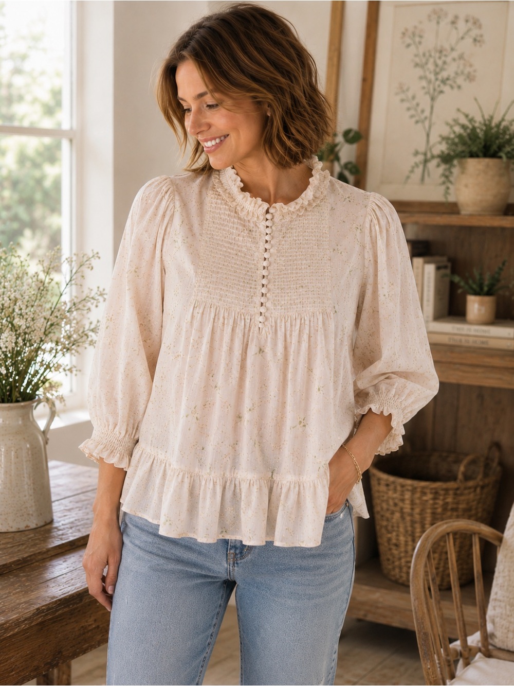 Rebecca Taylor Adela Voile Top XL Floral Cotton Pintuck Ruffle Cottagecore Top